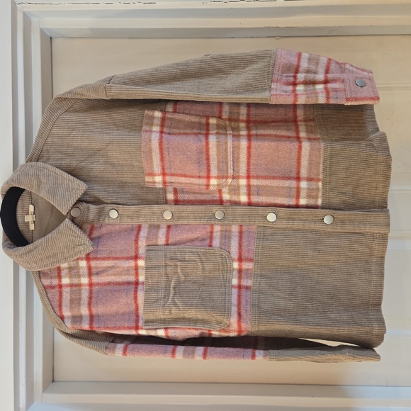 Jodifl Womens Plaid Corduroy Patchwork Shacket Jacket Shirt Brown Size Small - Picture 2 of 11